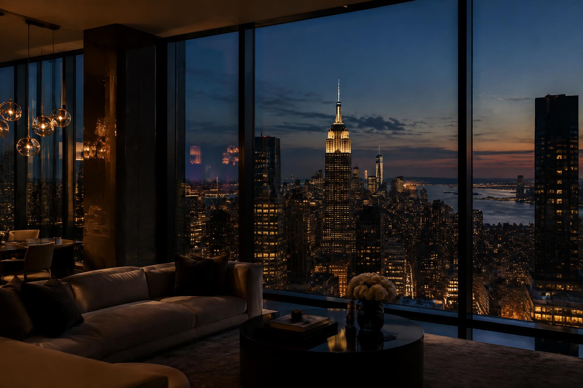 Manhattan skyline at dusk seen through floor-to-ceiling glass